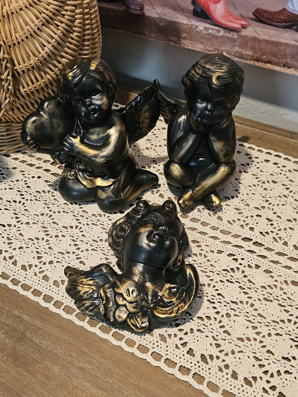 Set of 3 Black & Gold Cherub Statues Ceramic Made Off
